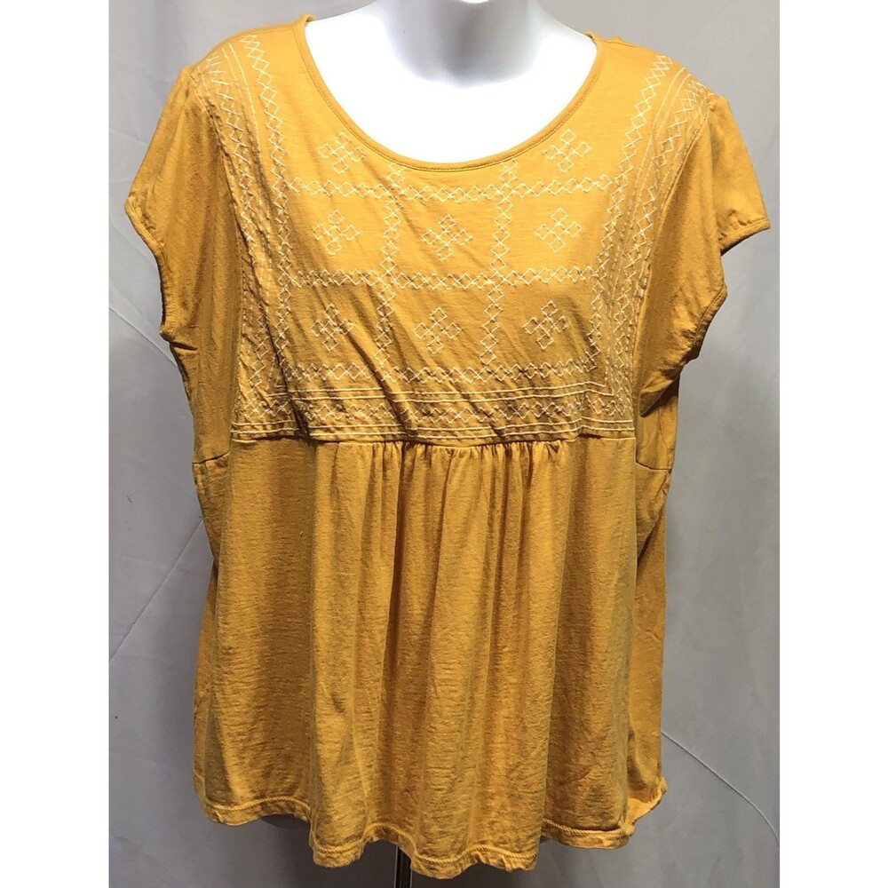 Gloria Vanderbilt Babydoll Top XL Gold Yellow Pleated Scoopneck ShortSleeve